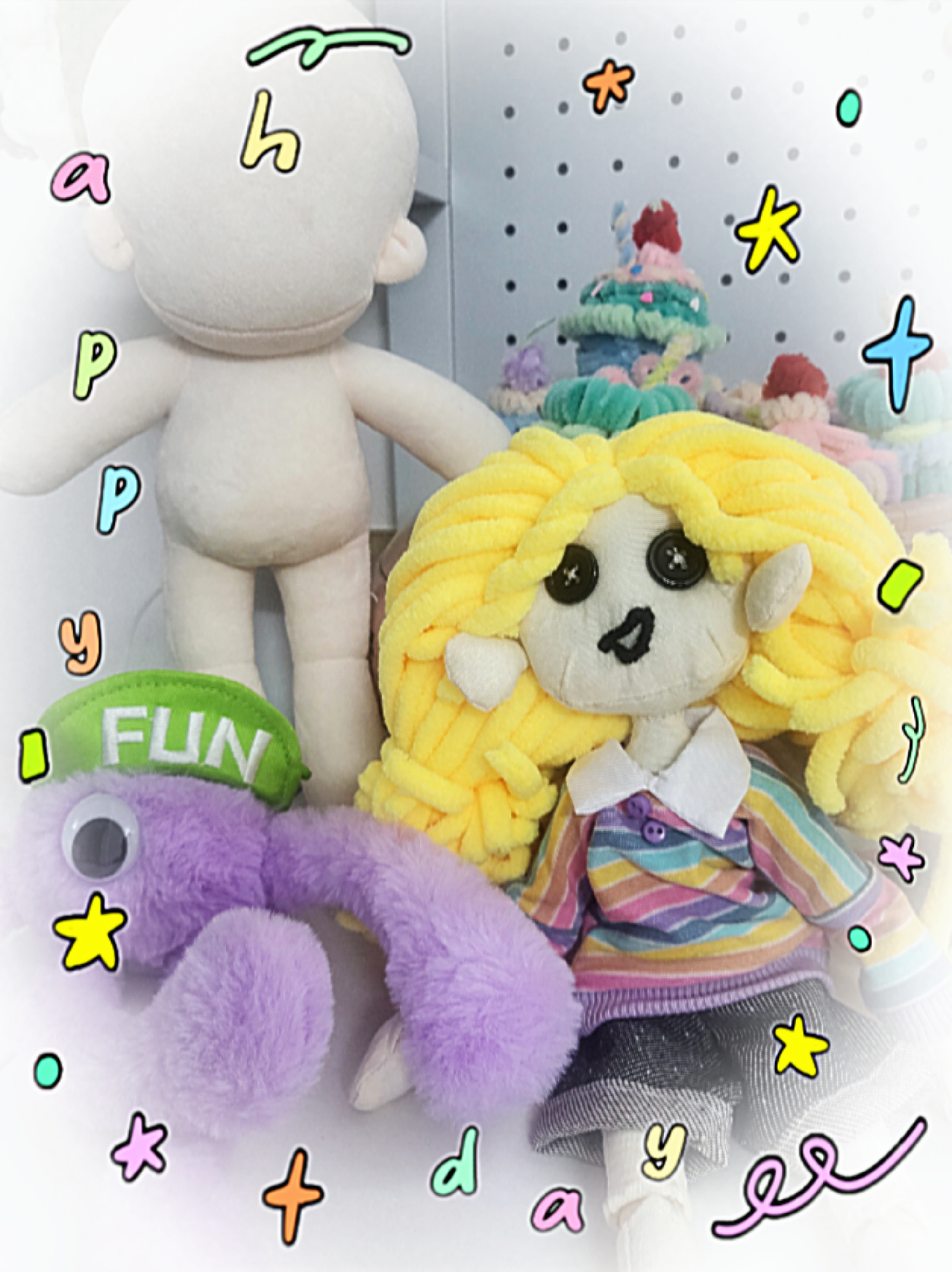 button doll and pure doll and purple doll line toghter